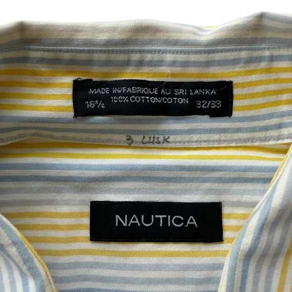 Vintage Nautica Button Down Shirt Blue Yellow Striped Oversized Preppy Cotton L - Picture 6 of 16